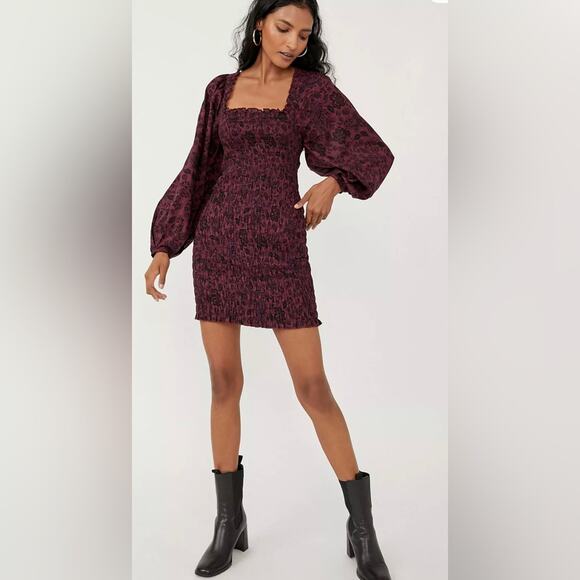 Free People Smock It To Me Long Sleeve Smocked Floral Mini Dress Small - Picture 2 of 12